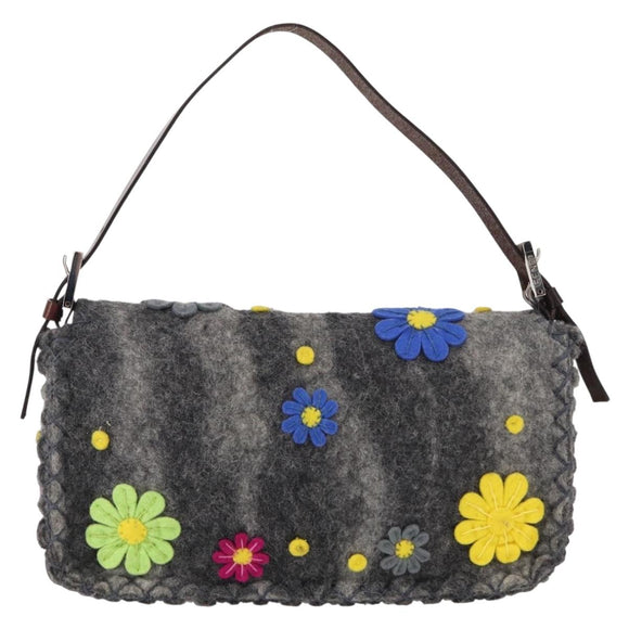 FENDI Floral Mamma Baguette Shoulder Bag Felt Gray Silver Auth 157450SM