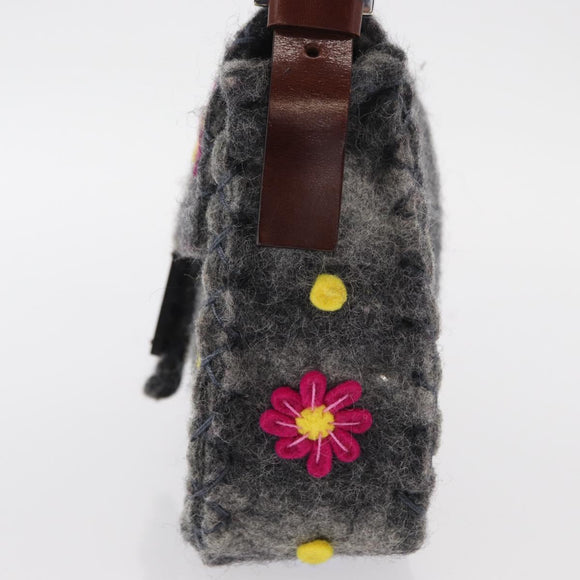 FENDI Floral Mamma Baguette Shoulder Bag Felt Gray Silver Auth 157450SM