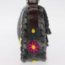 FENDI Floral Mamma Baguette Shoulder Bag Felt Gray Silver Auth 157450SM-4