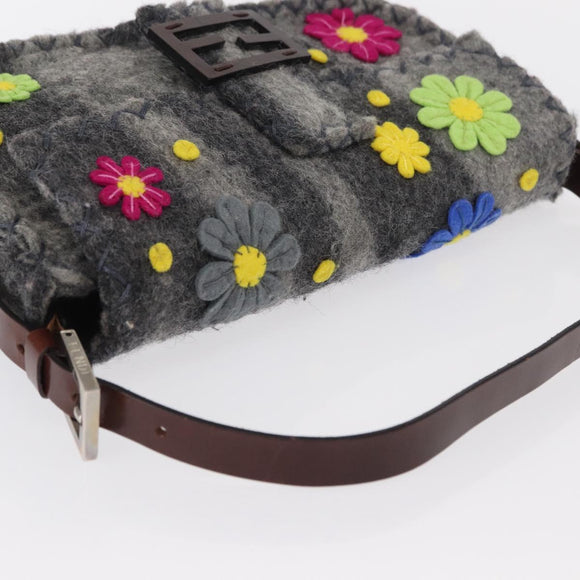 FENDI Floral Mamma Baguette Shoulder Bag Felt Gray Silver Auth 157450SM