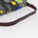FENDI Floral Mamma Baguette Shoulder Bag Felt Gray Silver Auth 157450SM-7