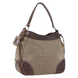 PRADA Tote Bag Canvas Beige Silver Auth 157454