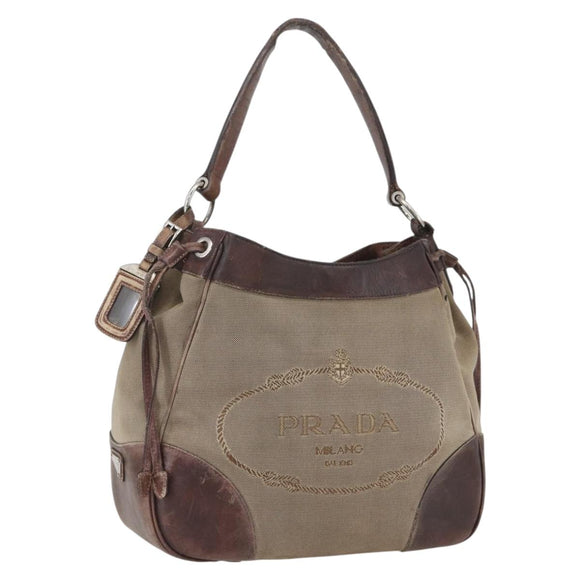 PRADA Tote Bag Canvas Beige Silver Auth 157454
