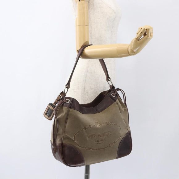 PRADA Tote Bag Canvas Beige Silver Auth 157454