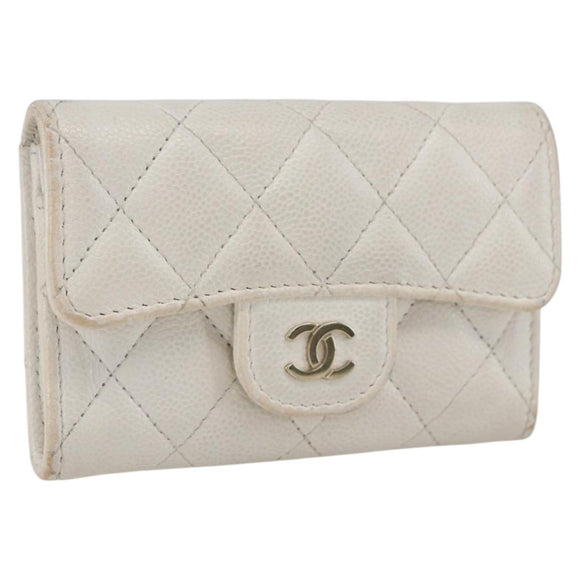 CHANEL Coin Purse Caviar Skin White Gold CC Auth 157489
