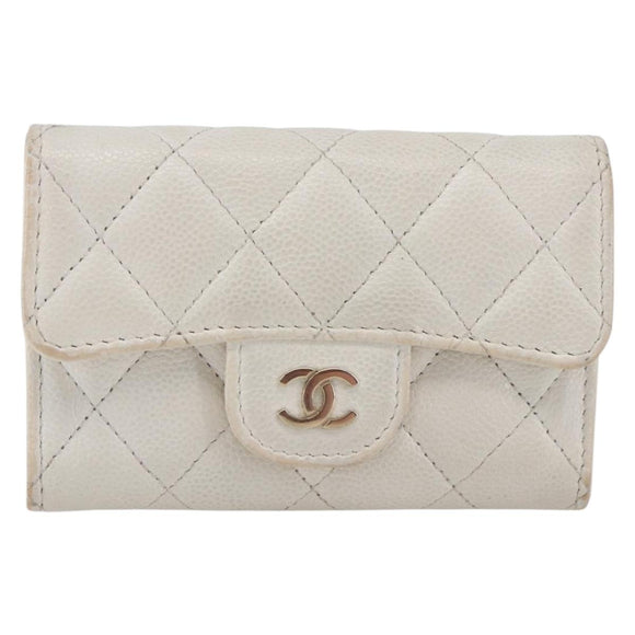 CHANEL Coin Purse Caviar Skin White Gold CC Auth 157489