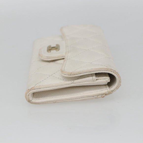 CHANEL Coin Purse Caviar Skin White Gold CC Auth 157489