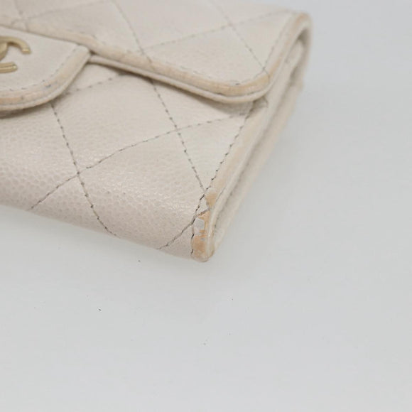 CHANEL Coin Purse Caviar Skin White Gold CC Auth 157489