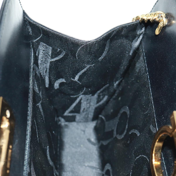 Salvatore Ferragamo Gancini Chain Shoulder Bag Leather Black Gold Auth 157507V