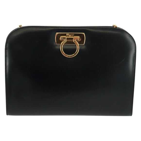 Salvatore Ferragamo Gancini Chain Shoulder Bag Leather Black Gold Auth 157507V