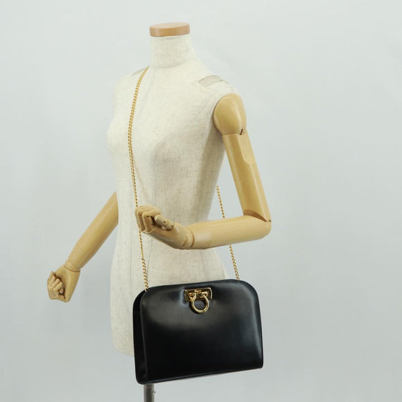 Salvatore Ferragamo Gancini Chain Shoulder Bag Leather Black Gold Auth 157507V