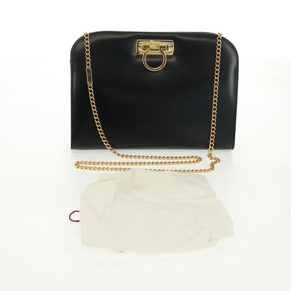 Salvatore Ferragamo Gancini Chain Shoulder Bag Leather Black Gold Auth 157507V