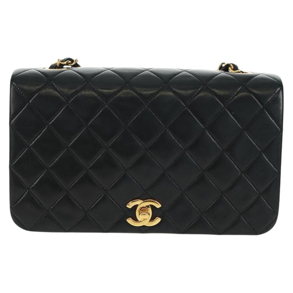 CHANEL Matelasse Chain Shoulder Bag Lamb Skin Black Gold CC Auth 157515SM