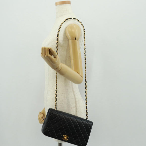 CHANEL Matelasse Chain Shoulder Bag Lamb Skin Black Gold CC Auth 157515SM