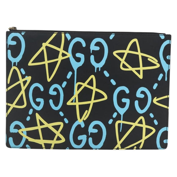 GUCCI GG Ghost Clutch Bag Leather Black 433665 Auth 157516V