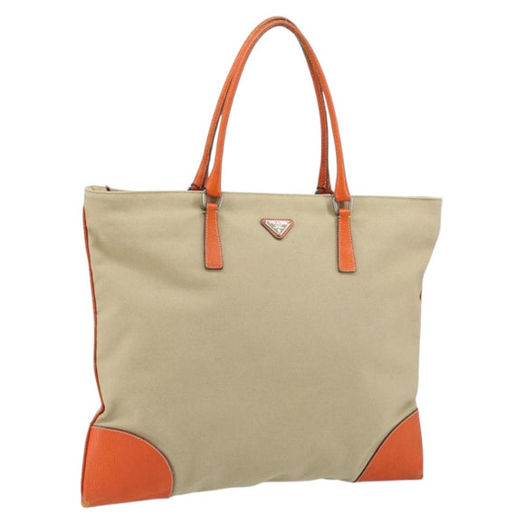 PRADA Hand Bag Canvas Beige Silver Auth 157531