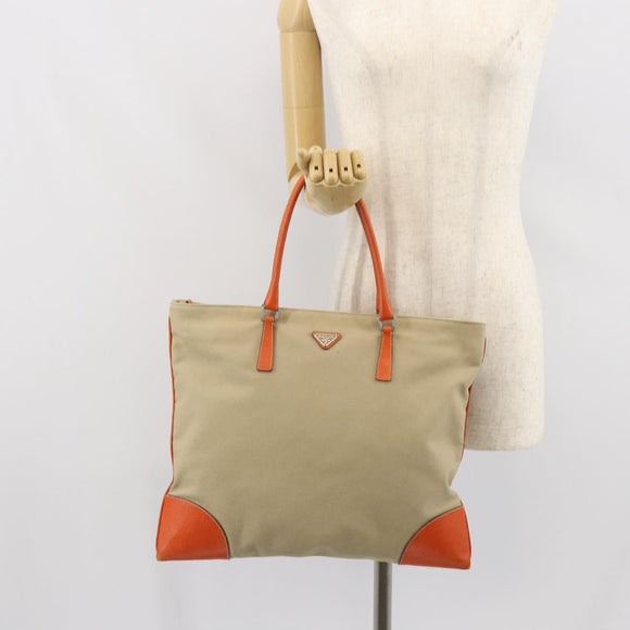 PRADA Hand Bag Canvas Beige Silver Auth 157531