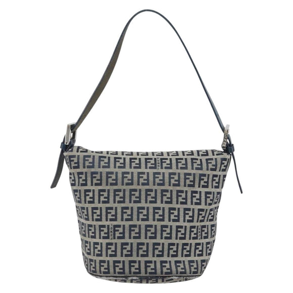 FENDI Zucchino Canvas Mamma Baguette Hand Bag Navy Silver Auth 157532