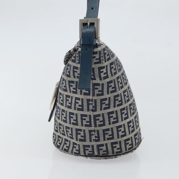 FENDI Zucchino Canvas Mamma Baguette Hand Bag Navy Silver Auth 157532