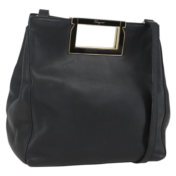 Salvatore Ferragamo Handtasche Leder 2-Wege Schwarz Gold Auth 157535V