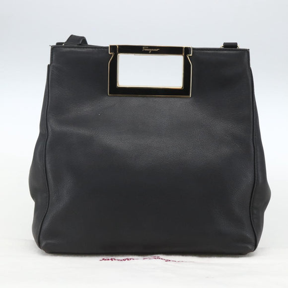 Salvatore Ferragamo Handtasche Leder 2-Wege Schwarz Gold Auth 157535V