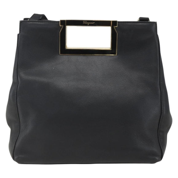 Salvatore Ferragamo Handtasche Leder 2-Wege Schwarz Gold Auth 157535V