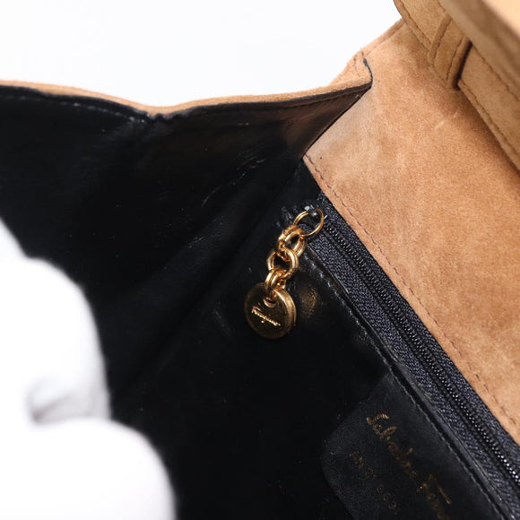 Salvatore Ferragamo Gancini Hand Bag Suede 2way Beige Gold Auth 157544