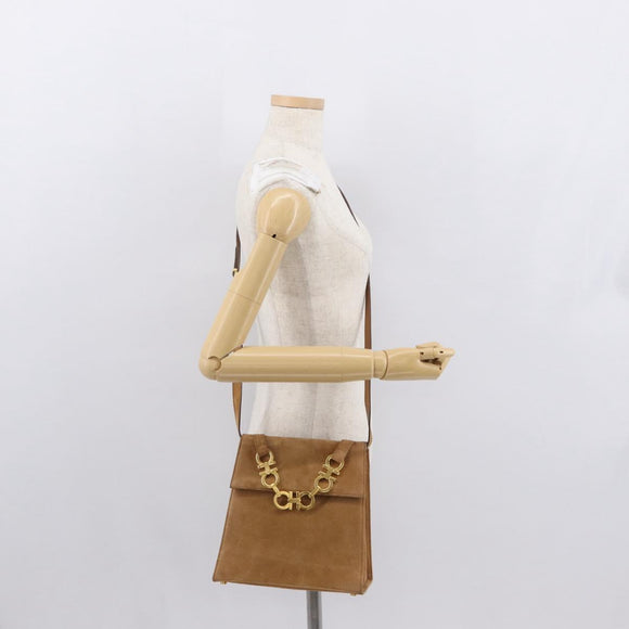 Salvatore Ferragamo Gancini Hand Bag Suede 2way Beige Gold Auth 157544