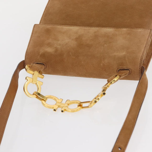Salvatore Ferragamo Gancini Hand Bag Suede 2way Beige Gold Auth 157544