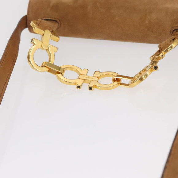 Salvatore Ferragamo Gancini Hand Bag Suede 2way Beige Gold Auth 157544
