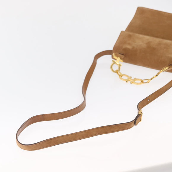 Salvatore Ferragamo Gancini Hand Bag Suede 2way Beige Gold Auth 157544