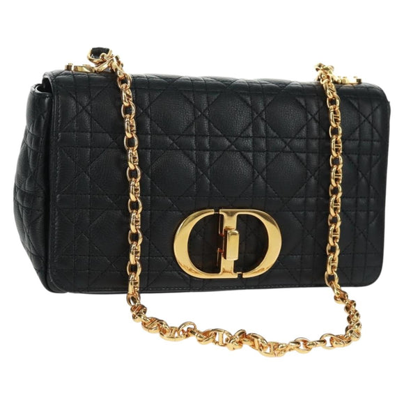 Christian Dior Caro Medium Cannage Bag Calf Skin Black Gold Auth 157570SM