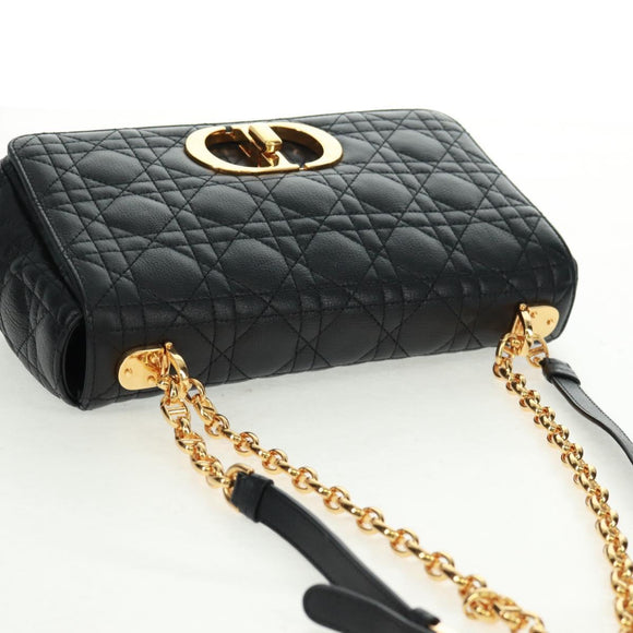 Christian Dior Caro Medium Cannage Bag Calf Skin Black Gold Auth 157570SM