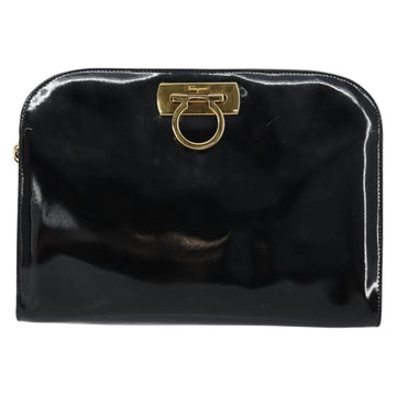 Salvatore Ferragamo Chain Gancini Shoulder Bag Enamel Black Gold Auth 157615 - 0