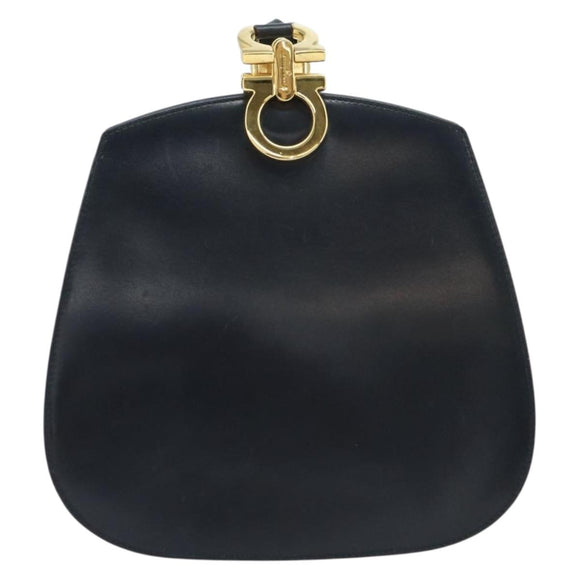 Salvatore Ferragamo Gancini Shoulder Bag Leather Navy Gold Auth 157634