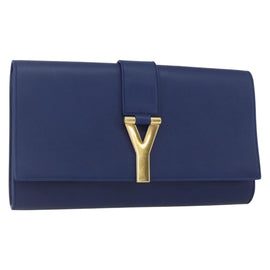 SAINT LAURENT Y line Clutch Bag Leather Blue Gold Auth 157641V