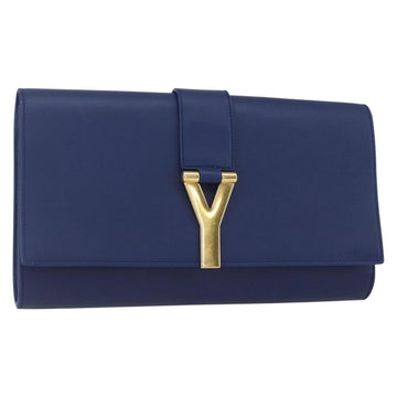 SAINT LAURENT Y line Clutch Bag Leather Blue Gold Auth 157641V
