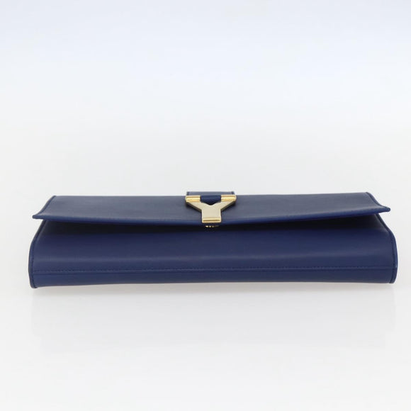SAINT LAURENT Y line Clutch Bag Leather Blue Gold Auth 157641V