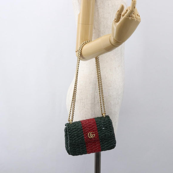 GUCCI Wicker Chain Web Sherry Line Bag Wood Red Green 524829 Auth 157665V