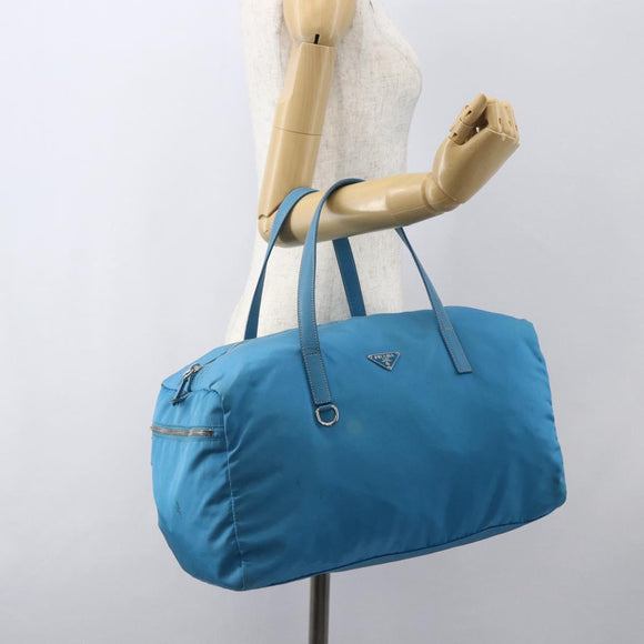 PRADA Boston Tasche Nylon Blau Silber Original 157666