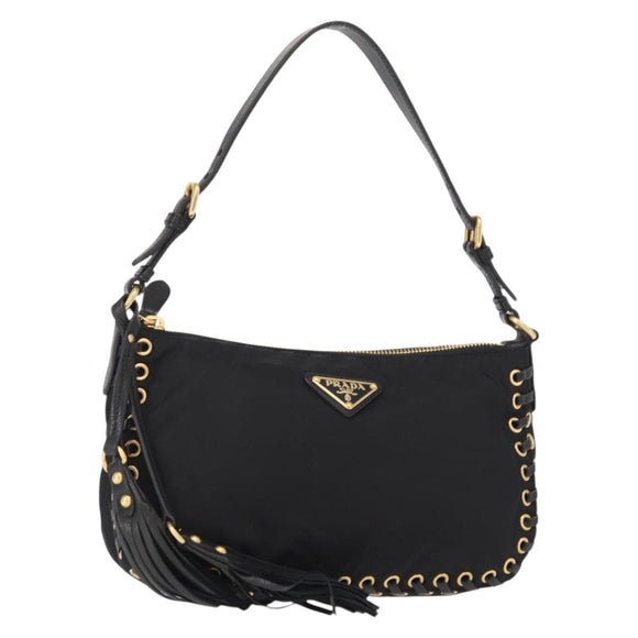 PRADA Shoulder Bag Nylon Black Gold Auth 157682V