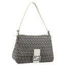 FENDI Zucchino Canvas Mamma Baguette Shoulder Bag Navy Silver Auth 157684-1