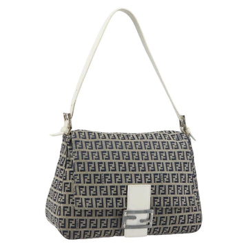 FENDI Zucchino Canvas Mamma Baguette Shoulder Bag Navy Silver Auth 157684