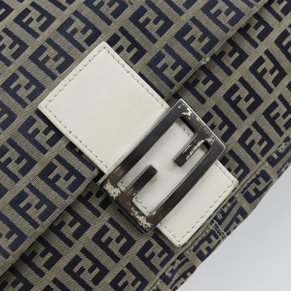 FENDI Zucchino Canvas Mamma Baguette Shoulder Bag Navy Silver Auth 157684