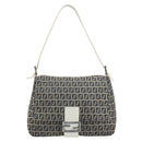 FENDI Zucchino Canvas Mamma Baguette Shoulder Bag Navy Silver Auth 157684-13