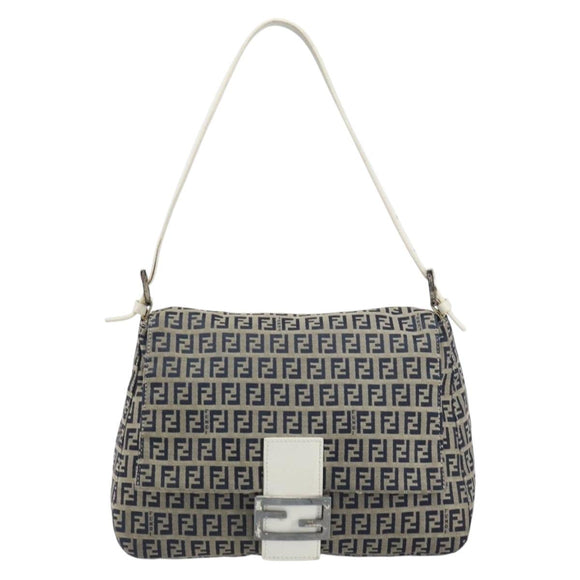 FENDI Zucchino Canvas Mamma Baguette Shoulder Bag Navy Silver Auth 157684