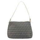 FENDI Zucchino Canvas Mamma Baguette Shoulder Bag Navy Silver Auth 157684-2