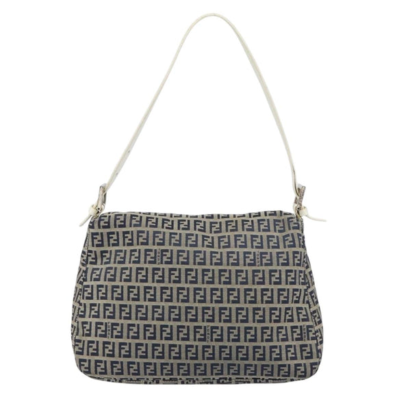 FENDI Zucchino Canvas Mamma Baguette Shoulder Bag Navy Silver Auth 157684