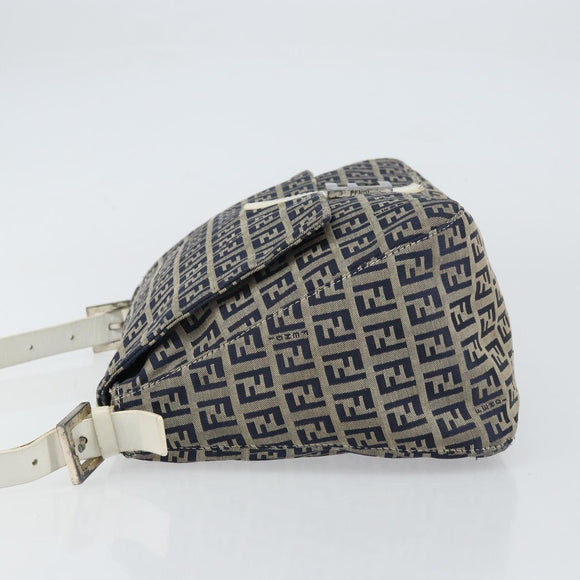 FENDI Zucchino Canvas Mamma Baguette Shoulder Bag Navy Silver Auth 157684
