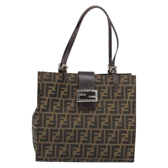 FENDI Zucca Canvas Mamma Baguette Tote Bag Brown Black Auth 157686
